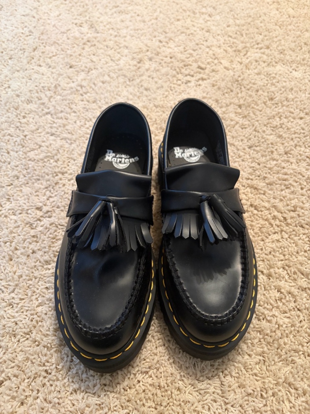 Dr. Martens Black Tassel Kiltie Loafers with Yellow Welt Stitching